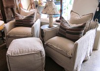 Loveseat by Taylor Scott, shown with grain sack pillows.